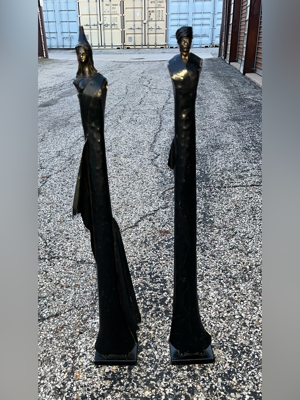 Pair Vintage Turkish Brutalist modernist steel statues figural designs 30’ Tall